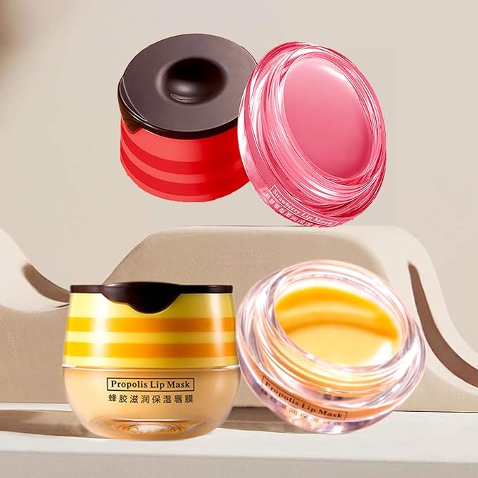2 Pcs Bee Lip Balm Honey Pot,Honey & Strawberry Lip Mask Propolis Moisturizing Lip Balm with Stick,Prevention Dry and Cracked Lip Scrubs,Exfoliator Lip Wrinkle Skin Care Products-VivaGrace Women