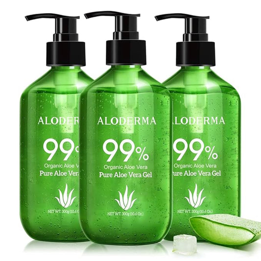 Aloderma 99% Organic Aloe Vera Gel Made within 12 Hours of Harvest - Pump Bottle - Lightweight Aloe Gel for Face and Body, Soothing and Hydrating Sunburn Relief, Great for Scalp & Hair, 3btls x 10.6oz-VivaGrace Women