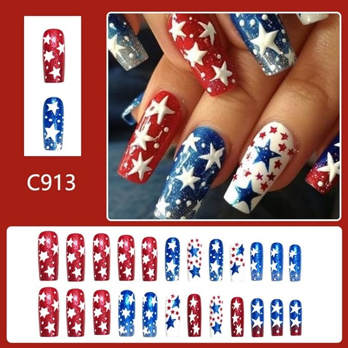 Independence Day Press on Nails Medium Square Fake Nails with White Star Design Red Blue Glitter Stick on Nails Summer False Nails Glossy 4th of July Acrylic Nails for Women Girls Manicure 24Pcs