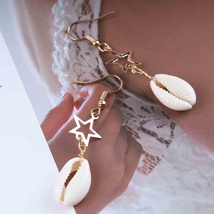 Vintage Cowrie Drop Earrings Puka Shell Dangle Earrings Gold Star Dangling Earrings Hollow Star Earrings Jewelry for Women-VivaGrace Women