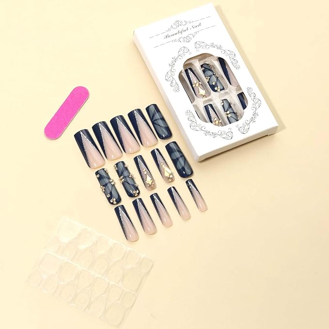 Dark Blue Press on Nails Long Nails Press Ons with Butterfly and Rhinestone Design for Women and Girls 24pcs (Dark Blue)