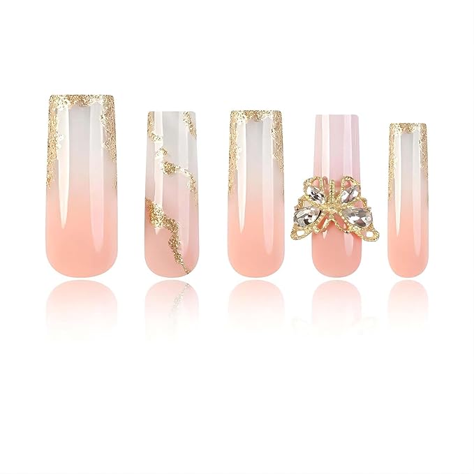 Nail Press ons Long Press on Nails Coffin Fake Fingernails Glossy Ombre Acrylic False Nails with 3D Butterfly Designs Gold Glitter Powder Artificial Nails Stick on Nails for Women 24Pcs