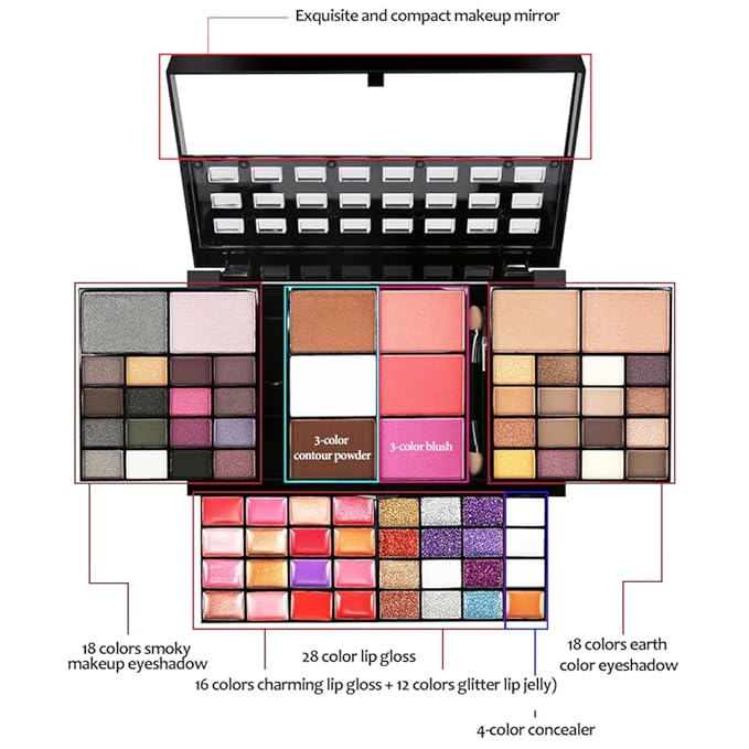 74 Colors Cosmetic Makeup Palette Set Kit Combination with Eyeshadow Facial Blusher Eyebrow Powder Face Concealer Powder With Mirror + 13pcs brush All-in-One Makeup Kit-VivaGrace Women