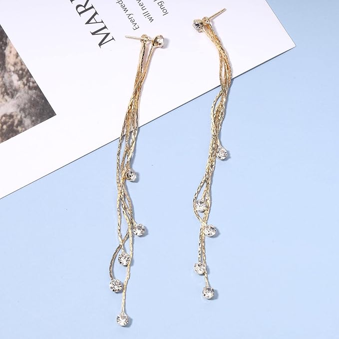 Boho Cz Tassel Chain Earrings Gold Drop Crystal Earrings Long Chain Dangle Earrings Rhinestone Linear Chain Earrings Sparkle Crystal Wedding Earrings Jewelry for Women and Girls-VivaGrace Women