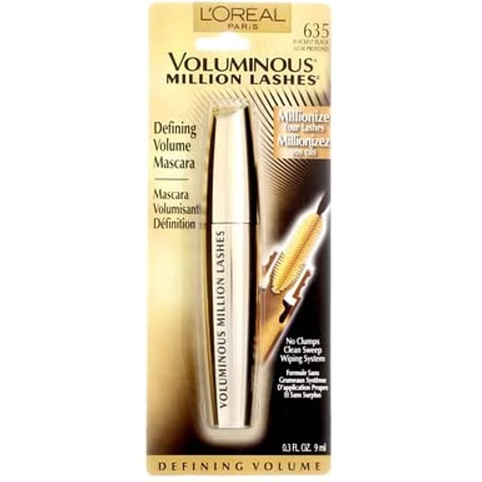 L’Oreal Paris Makeup Voluminous Million Lashes Mascara, Volumizing, Defining, Smudge-Proof, Clump-Free Lengthening, Collagen Infused Eye Makeup, Amplifying Mascara Brush, Blackest Black, O.3 Fl Oz