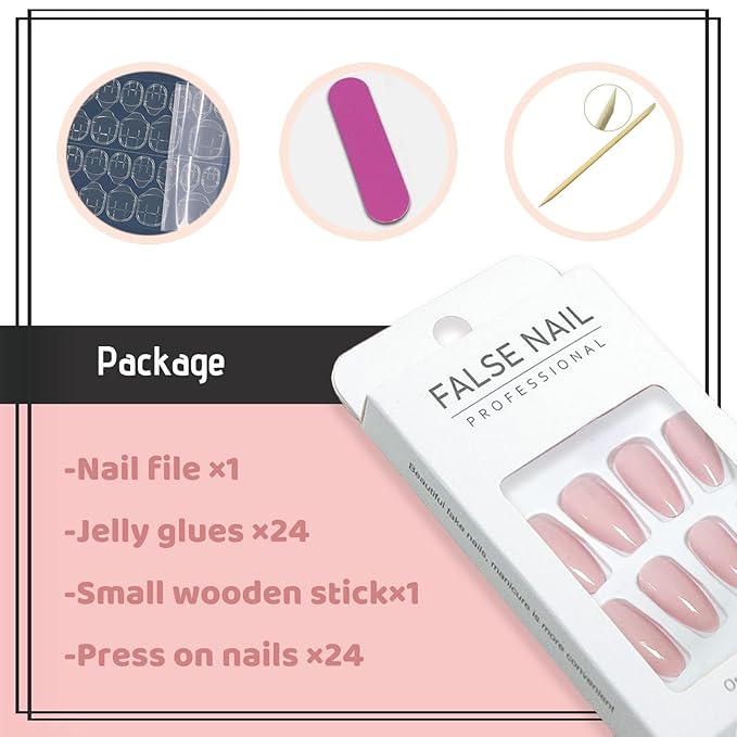 Pink Fake Nails Almond Press on Nails Medium Glossy Stick on Nails Cute Glue on Nails Acrylic False Nails for Women and Girls