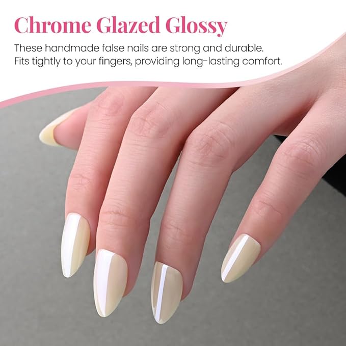 Aurora Chrome White Press On Nails Short Almond 30 Pcs, Designer Reusable Acrylic Fake Nails with Glue, Glossy Soft Gel Nails Wedding and Party, Stick On Glue On Nails, Nails fro Women Gift