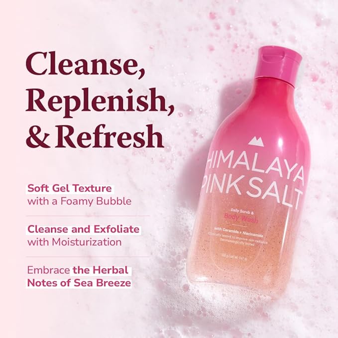 HIMALAYA PINKSALT Daily Scrub & Body Wash - Exfoliating Body Scrub, Dead Sea Salt & Himalayan Pink Salt, Natural Moisturizing Bodywash, Retinol & Hyaluronic Acid Shower Gel, Korean Skincare 14.1oz-VivaGrace Women