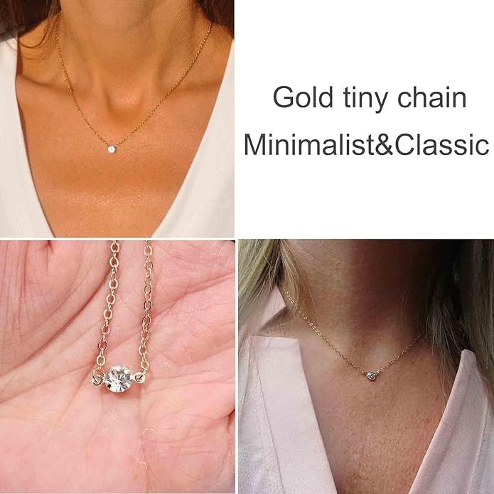 Boho Tiny Crystal Choker Gold Clear Quartz Pendant Necklace Minimal Dot CZ Choker Necklace Simple Everyday Necklace Wedding Necklace Jewelry for Women and Girls Gifts-VivaGrace Women
