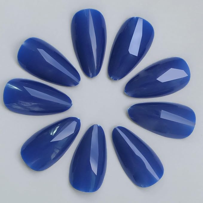 LoveOurHome 240pc Almond Press on Nails Medium Length Blue Fake Nail Tips Full Cover Artificial Fingernail French Short Stiletto Glue Nail Press ons with Adhesive Tabs for Women Girls