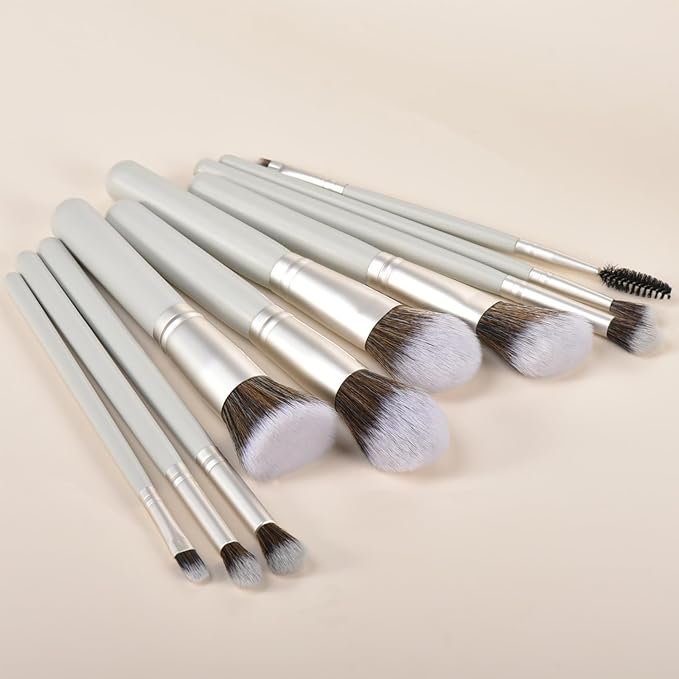 10 Piece Makeup Brushes - Grayish Green Wooden Handle with Soft Synthetic Bristles,for Face & Eye Makeup|Professional Makeup Brushes set for Women & Girls|-VivaGrace Women