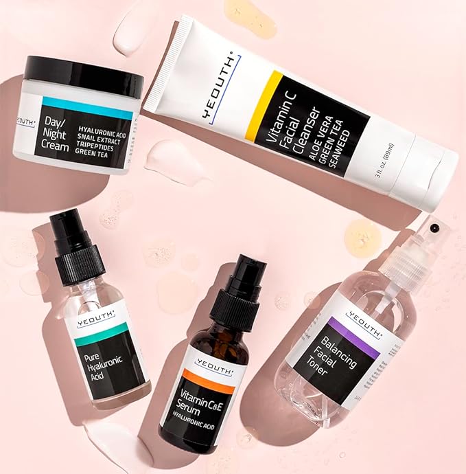YEOUTH Skin Care Set: Hyaluronic Acid Serum for Face, Vitamin C Facial Serum, Face Cleanser, Toner & Cream, Hydrating Skin Care Kit 5-Piece-VivaGrace Women