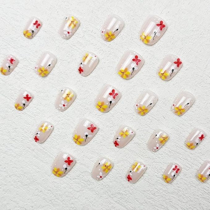 Flower Press on Nails Short Almond False Nails with Yellow White Red Floral Design Glossy Pink Glue on Nails Spring Stick on Nails Full Cover Reusable Summer Fake Nails for Women Girls Manicure 24Pcs