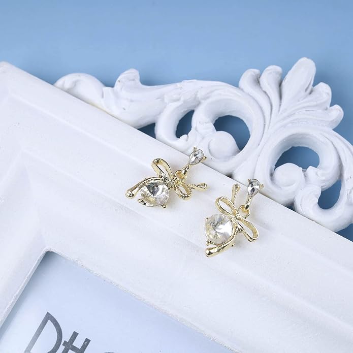 Vintage Rhinestone Bow Drop Earrings Gold Teardrop Crystal Earrings Round Cut Stud Earrings Bow Crystal Bridal Earrings Jewelry for Women-VivaGrace Women