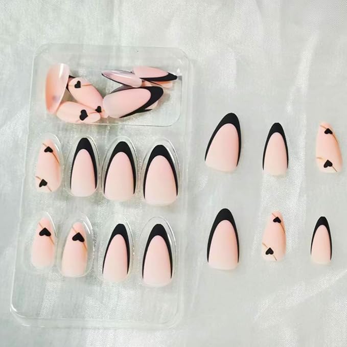 Black French Tip Press on Nails Medium Almond Fake Nails with Black Heart Design Gold Line Stick on Nails Glossy Acrylic Full Cover Glue on Nails Stiletto False Nail For Women Mother's Day Manicure