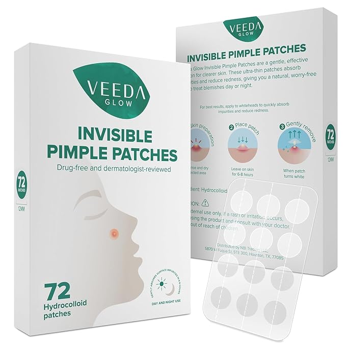 Veeda Glow Pimple Patches – Hydrocolloid Acne Stickers for Fast Healing, Invisible & Non-Irritating Zit Covers, Blemish Spot Treatment, 72 Count