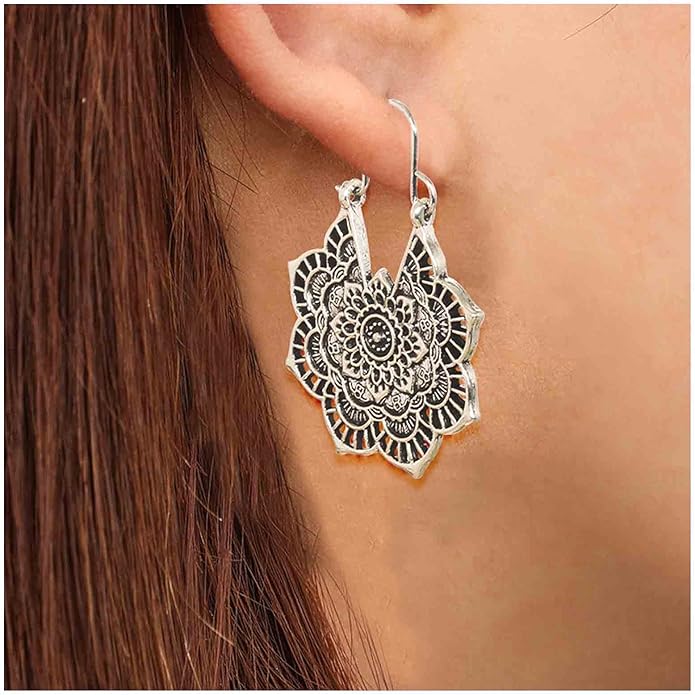 Boho Mandala Flower Earrings Gold Drop Dangle Earrings Tribal Earrings Vintage Ethnic Hoop Earrings Jewelry for Women and Girls-VivaGrace Women
