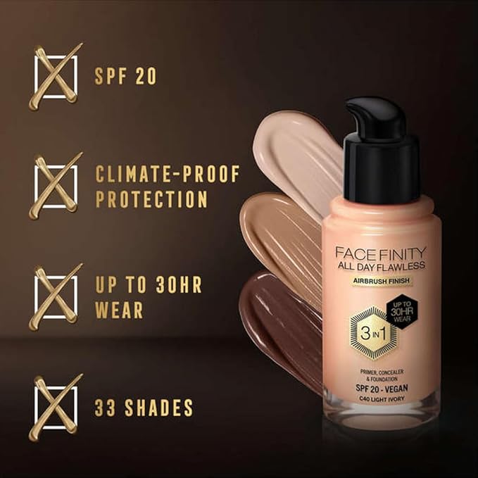 Max Factor Facefinity All Day Flawless 3 In 1 Foundation SPF 20, No. 40 Light Ivory-VivaGrace Women