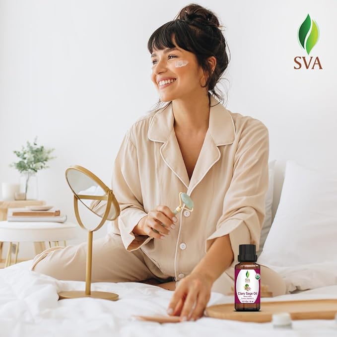 SVA Clary Sage Essential Oil Organic – 1/3 Fl Oz – 100% Natural Organic Clary Sage Oil - for Diffuser, Hair Care, Face, Skin Care, Aromatherapy, Scalp and Body Massage, Soap and Candle Making-VivaGrace Women