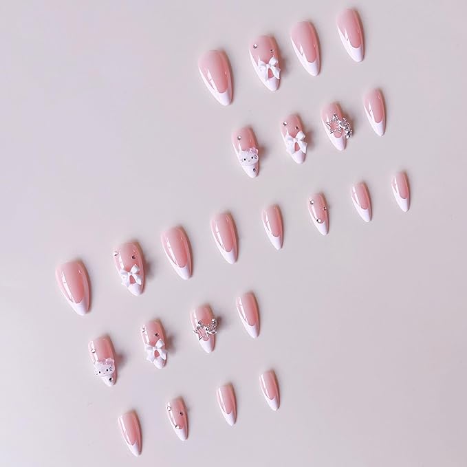 French Tip Press on Nails - Pink Cute Almond Fake Nails - White French Nail Cartoon Press ons Bow Star False Nail Tips Stick on Artificial Rhinestones Nails for Women 24pcs