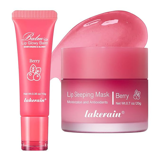 2Pcs Lip Glowy Balm and Lip Sleeping Mask Set, with 4 Flavor Options - Reduce Lip Lines, Enhance Lip Color, Hydrate & Plump Dry Chapped Lips Care (Berry)-VivaGrace Women