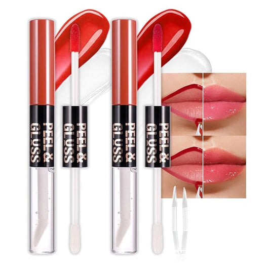 2Pcs Liquid Lip Stain Peel Off Lip liner and Lip oil with Tweezer, Dual-Ended Peel Off Lip Stain Tattoo, Highly Pigmented Long Lasting Waterproof, Transfer-proof for All Skin Types, 02#+04#-VivaGrace Women