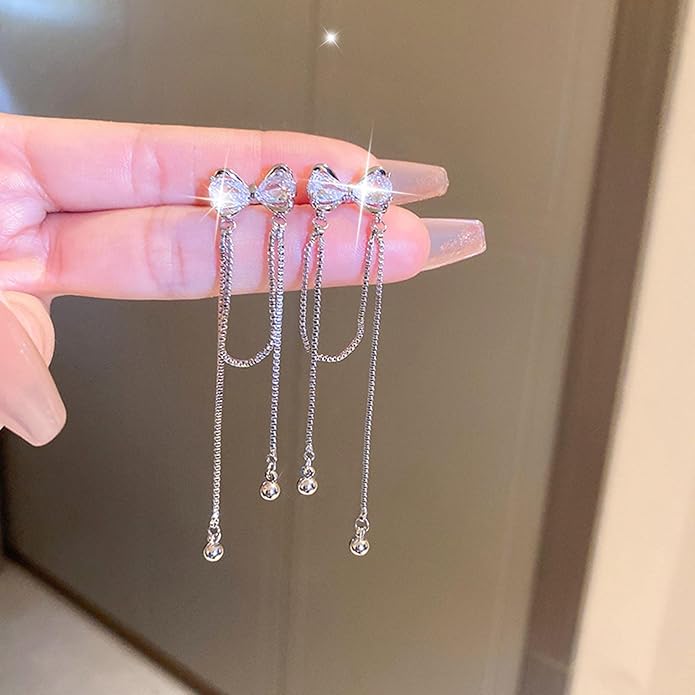 Vintage Crystal Bow Earrings Rhinestone Chain Drop Earrings Silver Long Chain Dangle Earrings Long Tassel Chain Earrings Jewelry for Women-VivaGrace Women