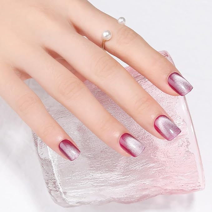 Rose Purple to White Gradient Press On Nails Short Square Cat Eye Nails, Fashion Gel Fake Nails, Reusable Acrylic Fake Nails, Glossy Stick On Nails for Women, Glue On Nails Kit, Purple Moonlight Glow