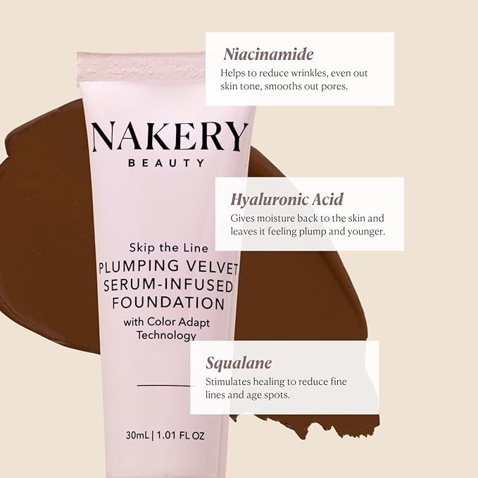 Nakery Full Coverage Foundation for Women - 5 in 1 Plumping Liquid Foundation Makeup - Serum Infused Makeup Foundation Smart Color Adapt with Niacinamide & Hyaluronic Acid for All Skin Types - Deep-VivaGrace Women