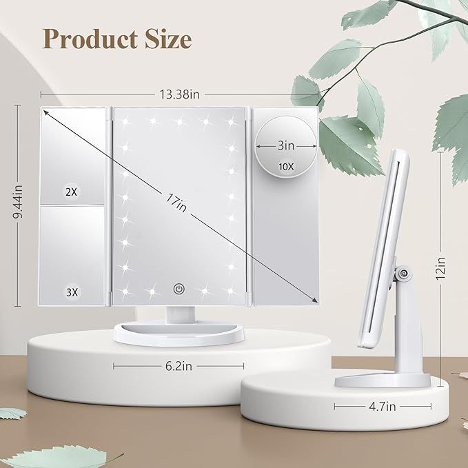 HUONUL Makeup Mirror Vanity Mirror with Lights, 2X, 3X, 10X Magnification, Touch Control, Trifold, White, 9.4" L x 13.4" W, Modern Style, Dresser Mount, Bathroom-VivaGrace Women