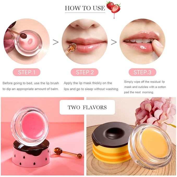 Bee Lip Balm Honey Pot, 2 PCS Strawberry & Honey Hydrating Prevention Dry and Cracked Lip Scrubs Exfoliator, Propolis Moisturizing Lip Sleep Mask Reduces Lip Lines, Lip Exfoliating Honey Bee Lip Mask-VivaGrace Women