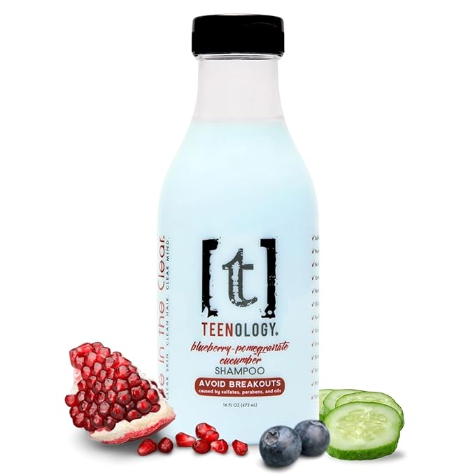 Teenology Shampoo for Teens - Avoid Forehead and Body Breakouts - No Sulfates or Parabens, Noncomedogenic, Natural Botanical Extracts, 16 oz. (Blueberry Pomegranate Cucumber)-VivaGrace Women