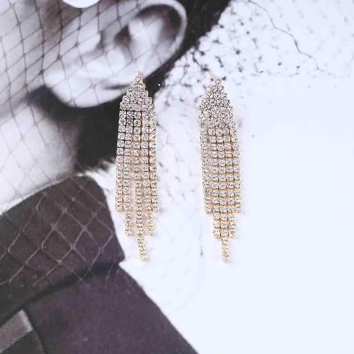Vintage Rhinestone Chandelier Tassel Earrings Crystal Chain Drop Earrings Gold Long Tennis Chain Earrings Shine Chandelier Bridal Earrings Jewelry for Women-VivaGrace Women