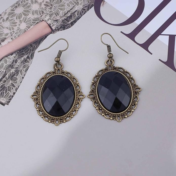 Vintage Black Crystal Drop Earrings Oval Onyx Dangle Earrings Large Onyx Stud Earrings Black Gem Hook Earrings Jewelry for Women and Girls-VivaGrace Women