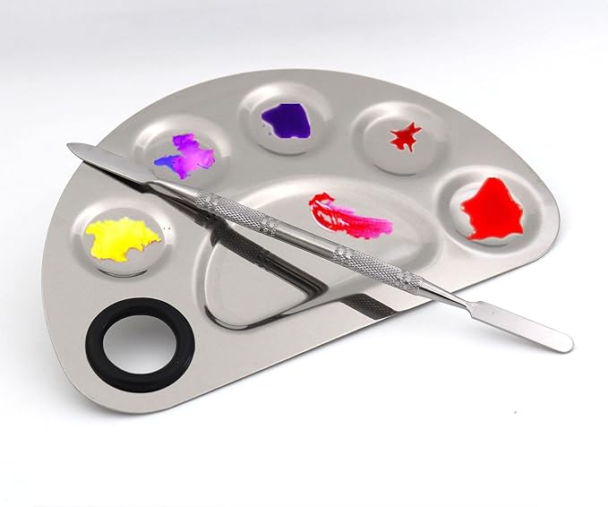 semicircle Makeup Palette Stainless Steel 6-dents Nail-art Cosmetic Artist Mixing Palette with 6 Inches Spatula Tool-VivaGrace Women