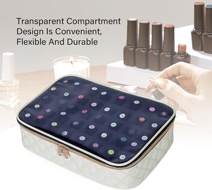 Nail Polish Bag organizer-Holds 40 bottles(15ml-0.5fl.oz),Nail Polish Carrying Case Clear Multifunctional Cosmetic Travel Cases Makeup Bags Beige