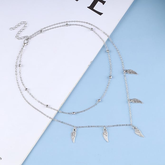 Vintage Layered Wing Dangle Necklace Angel Wing Pendant Necklace Tiny Wing Choker Necklace Silver Angel Wing Necklace Jewelry for Women-VivaGrace Women