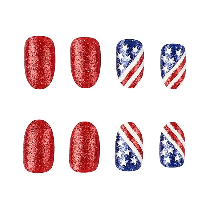 24Pcs 4th of July Press on Nails Short Almond Fake Nails Independence Day Flag with Glitter Star Sequin Design Acrylic Glue on Nails Blue False Nails for Women Girls 4th of July Nails Decoration
