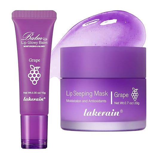 2Pcs Lip Glowy Balm and Lip Sleeping Mask Set, with 4 Flavor Options - Reduce Lip Lines, Enhance Lip Color, Hydrate & Plump Dry Chapped Lips Care (Grape)-VivaGrace Women