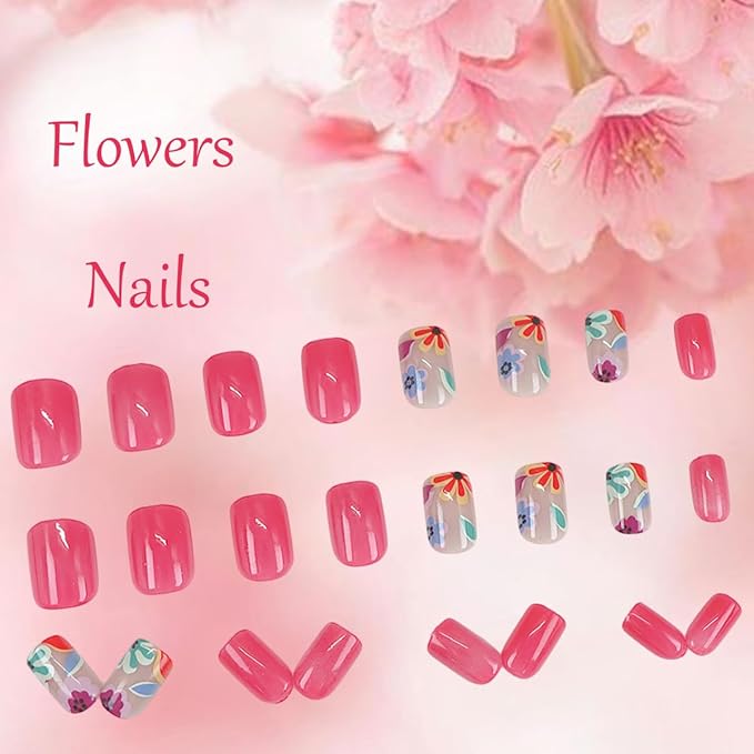 Short Press on Nails Square Fake Nails with Cute Flower Press Ons Design Acrylic Nails Orange Red Glossy Glue on Nails Full Cover Coffin False Nails Daisy Artificial Stick on Nails for Women 24Pcs