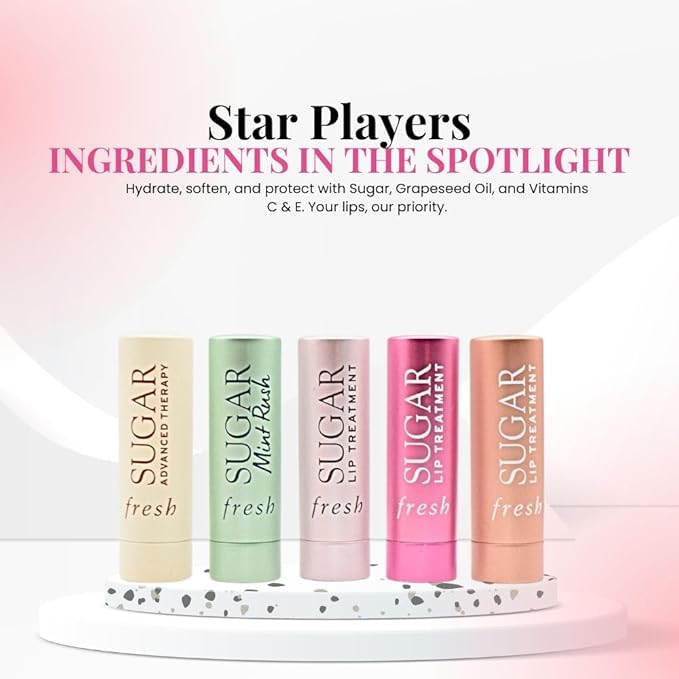 Fresh Color & Care Lip Collection Holiday Gift Set:: Tinted Lip Balms in Sugar Rosé, Honey, Bloom, Sugar Advanced Therapy, Mint Rush Lip Treatment-VivaGrace Women
