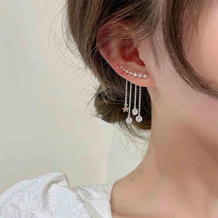 Boho Star Ear Jacket Earrings Gold Cz Star Ear Climber Earrings Crystal Chain Tassel Earrings Crystal Ear Crawler Long Chain Earrings Jewelry for Women and Girls Gifts-VivaGrace Women