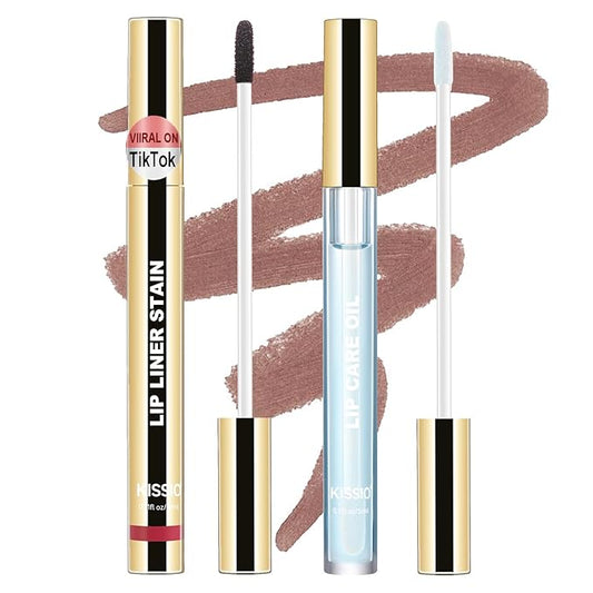 KISSIO Lip Stain Set,Peel Off Lip Liner Stain and Lip Care Oil,Transfer Proof,Long Lasting and Waterproof Lip Tint,Matte Finish,Lip Combo,05 Light brown-VivaGrace Women