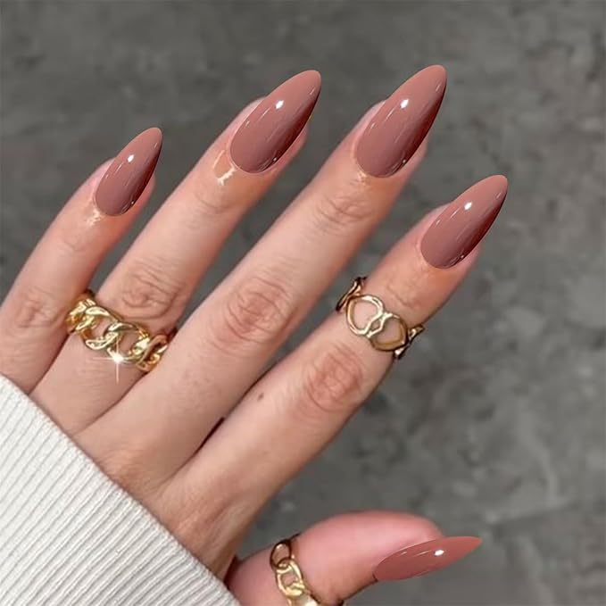 Brown Press on Nails Medium Almond Fake Nails with Designs Glossy Stick on Nails Full Cover False Nails Glue on Acrylic Nails for Women and Girls