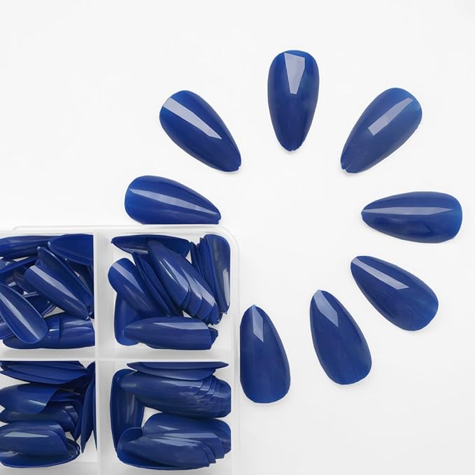 LoveOurHome 240pc Almond Press on Nails Medium Length Blue Fake Nail Tips Full Cover Artificial Fingernail French Short Stiletto Glue Nail Press ons with Adhesive Tabs for Women Girls