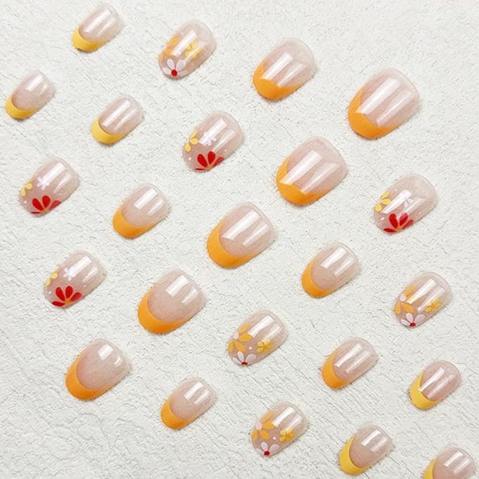 Flower Press on Nails Short Oval Fake Nails with Orange Yellow French Tip Design Glossy Nude Glue on Nails Spring False Nails Full Cover Reusable Summer Stick on Nails for Women Girls Manicure 24pcs