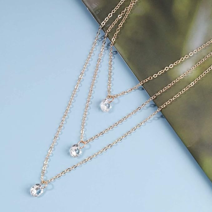 Boho Layered Crystal Necklace Choker Gold Bezel Pendant Necklace Multi Layering Vintage Necklace Chain Cz Bridal Necklace Chain Jewelry for Women and Girls-VivaGrace Women