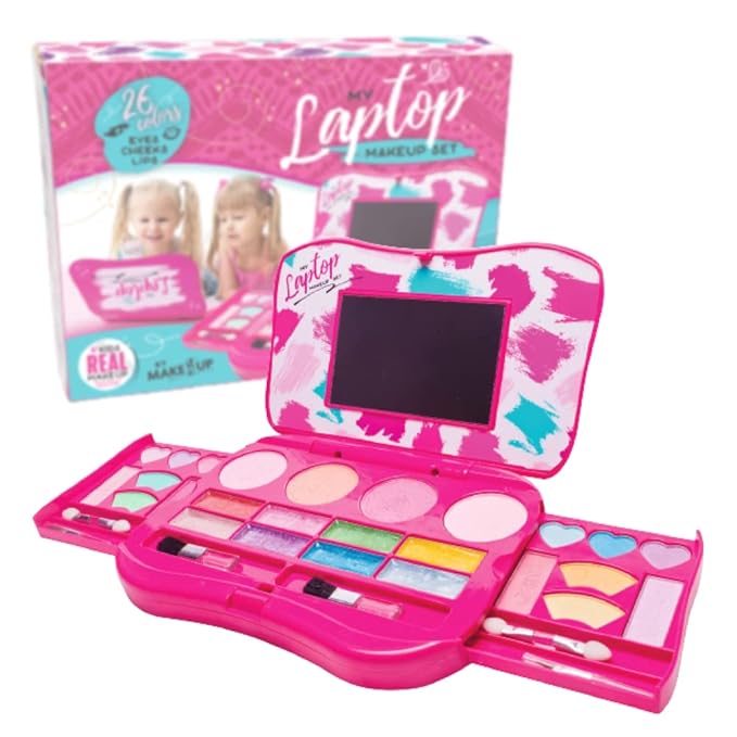 My First Makeup Set for Young Girls I Kids Makeup Kit for Little Girls I Foldable Makeup Palette with Makeup Mirror I Pink Set Makeup for Kids Vanity I Washable Laptop Design Toddler Makeup Kit Gift-VivaGrace Women