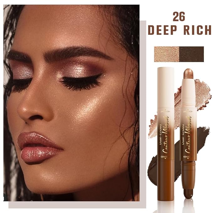 Dual-Ended 2-in-1 Cream Contour & Highlighter Stick – Waterproof, Long-Lasting for Face & Body Makeup, Suitable for All Skin Tones, 06#Black Cocoa + Bronzer Shimmer