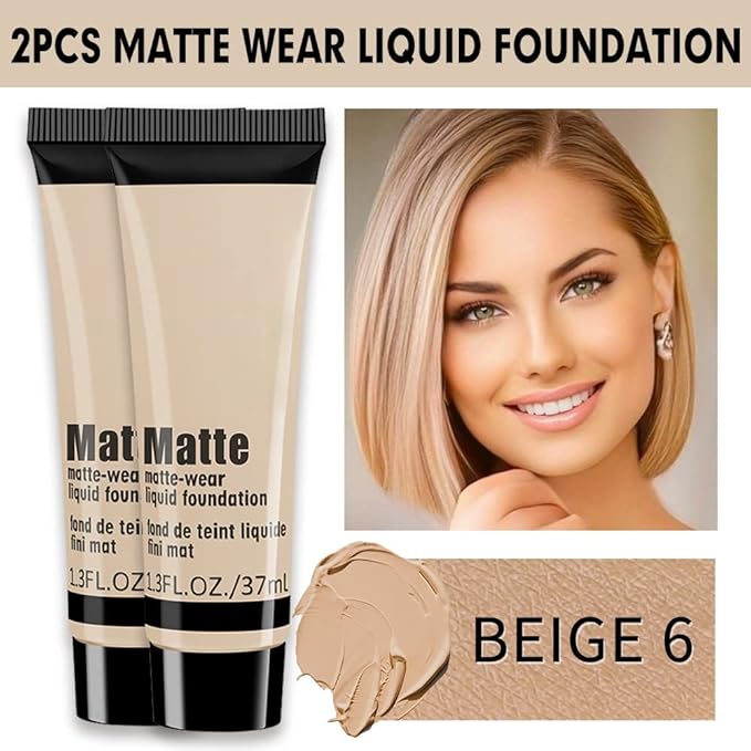 2 Pack Liquid Foundation Cream for Face Makeup,Durable Full Coverage Matte Concealer Make Up,Oil Control & Waterproof Base Primer -1+1 Fl.Oz-BEIGE 6#-VivaGrace Women